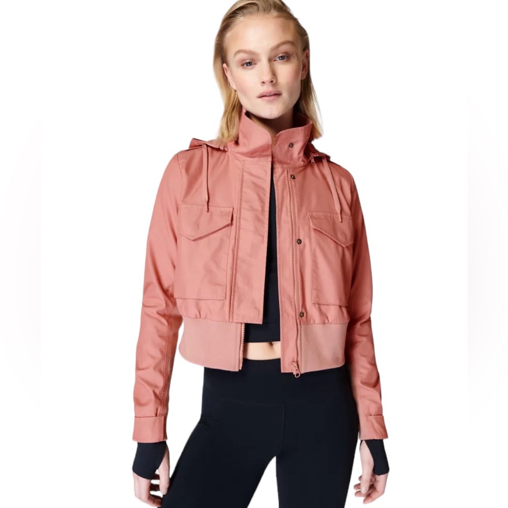 NWT $318 Sweaty Betty Timeless Cropped Trench Jacket Clay Pink Size 12 Hooded